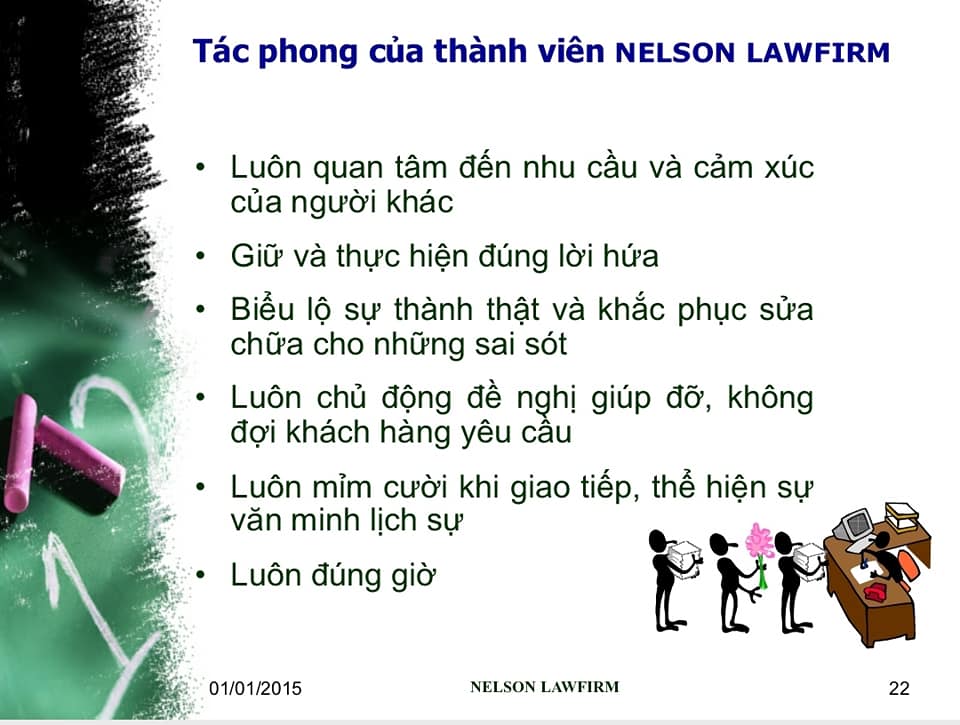 Nelson Lawfirm là Công ty Luật chuyên nghiệp hàng đầu Việt Nam và được cụ thể hoá qua Văn hoá ứng xử với khách hàng, đối tác qua bộ quy tắc văn hoá ứng xử trong công việc....